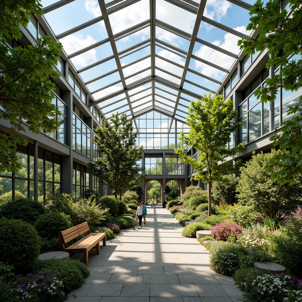 Prompt: Elegant greenhouse, lush greenery, abundant natural light, clerestory windows, skylights, transparent roof panels, steel frames, minimalist architecture, modern academic style, vibrant flowers, educational signs, wooden benches, stone pathways, warm sunny day, soft diffused lighting, shallow depth of field, 1/1 composition, realistic textures, ambient occlusion.