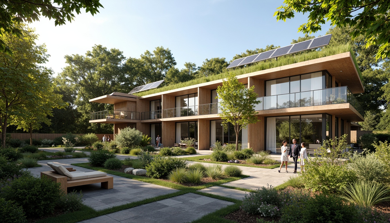 Prompt: Eco-friendly building, green roofs, living walls, solar panels, wind turbines, rainwater harvesting systems, natural ventilation, large windows, minimal carbon footprint, sustainable materials, recycled wood accents, bamboo flooring, energy-efficient appliances, organic gardens, native plant species, serene outdoor spaces, shaded courtyards, misting systems, soft warm lighting, shallow depth of field, 3/4 composition, panoramic view, realistic textures, ambient occlusion.