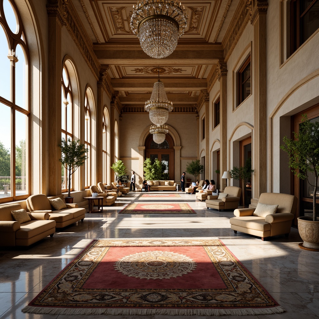 Prompt: Grand Byzantine hotel lobby, ornate chandeliers, marble floors, intricately patterned rugs, lavish furnishings, golden accents, high ceilings, large windows, natural light pouring in, warm ambiance, soft shadows, subtle color palette, elegant archways, refined columns, luxurious textiles, plush seating areas, tranquil atmosphere, morning sunlight, gentle glow, 1/1 composition, shallow depth of field, realistic textures, ambient occlusion.