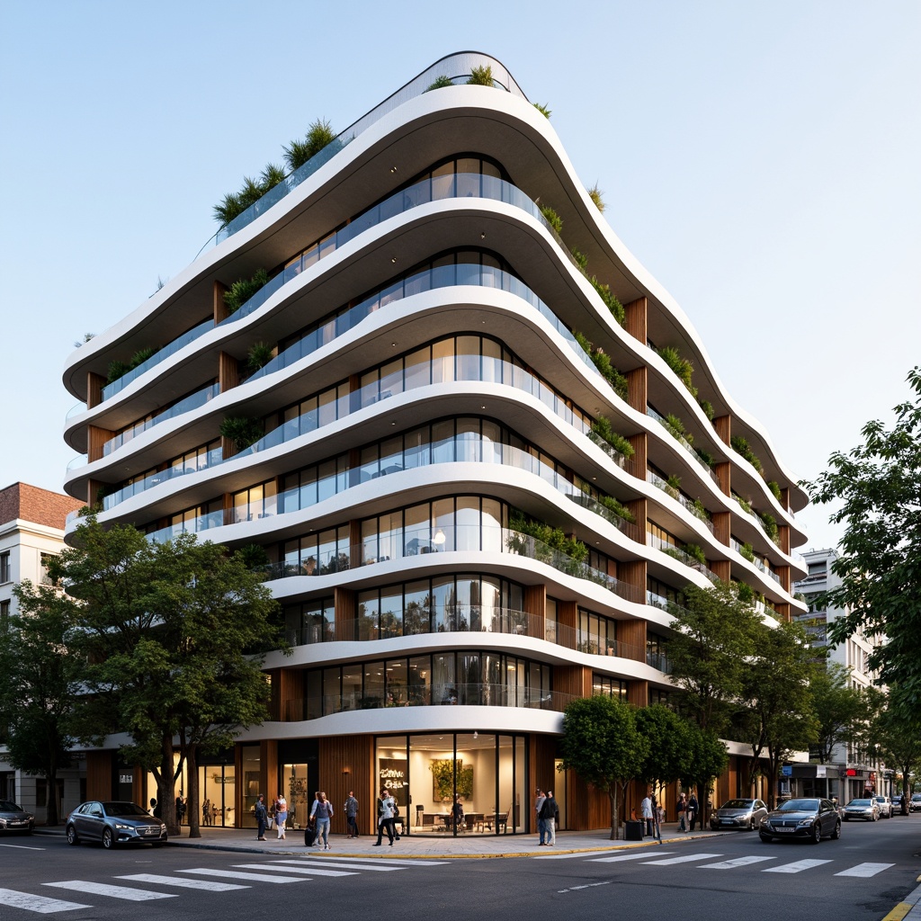 Prompt: Vibrant apartment complex, fusion architecture style, curved balconies, sleek metal railings, glass balustrades, modern minimalist facade, neutral color palette, contrasting textures, natural stone cladding, wooden accents, green roofs, vertical gardens, urban cityscape, busy street life, warm evening lighting, shallow depth of field, 1/1 composition, realistic reflections, ambient occlusion.