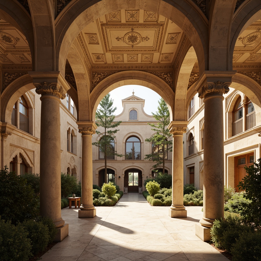 Prompt: Elegant monastery facade, neoclassical columns, ornate stone carvings, grand entrance archways, symmetrical composition, soft golden lighting, warm beige stonework, subtle texture details, intricate fresco patterns, vaulted ceilings, stained glass windows, rustic wooden doors, serene courtyard, lush greenery, peaceful atmosphere, shallow depth of field, 1/1 composition, realistic textures, ambient occlusion.