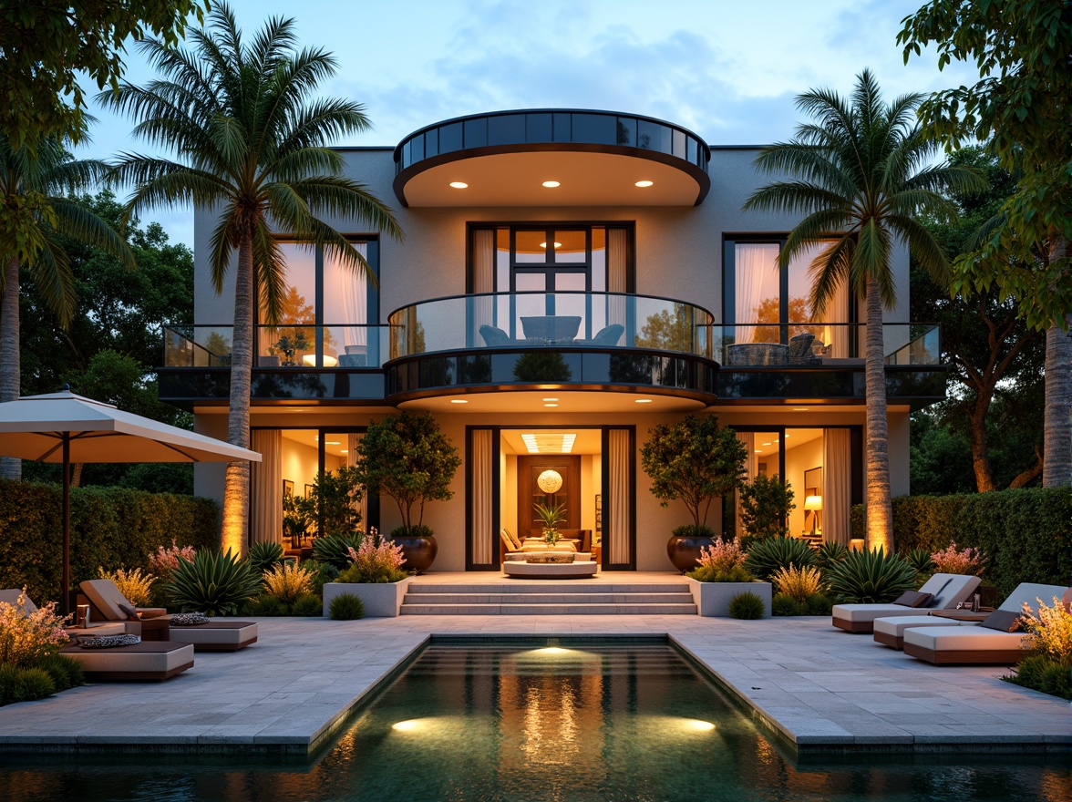 Prompt: Luxurious villa, Art Deco style, ornate metalwork, curved lines, geometric patterns, lavish furnishings, plush outdoor seating, vibrant tropical plants, exotic flowers, tranquil water features, sparkling fountains, warm golden lighting, soft evening ambiance, shallow depth of field, 1/1 composition, symmetrical framing, realistic textures, ambient occlusion.