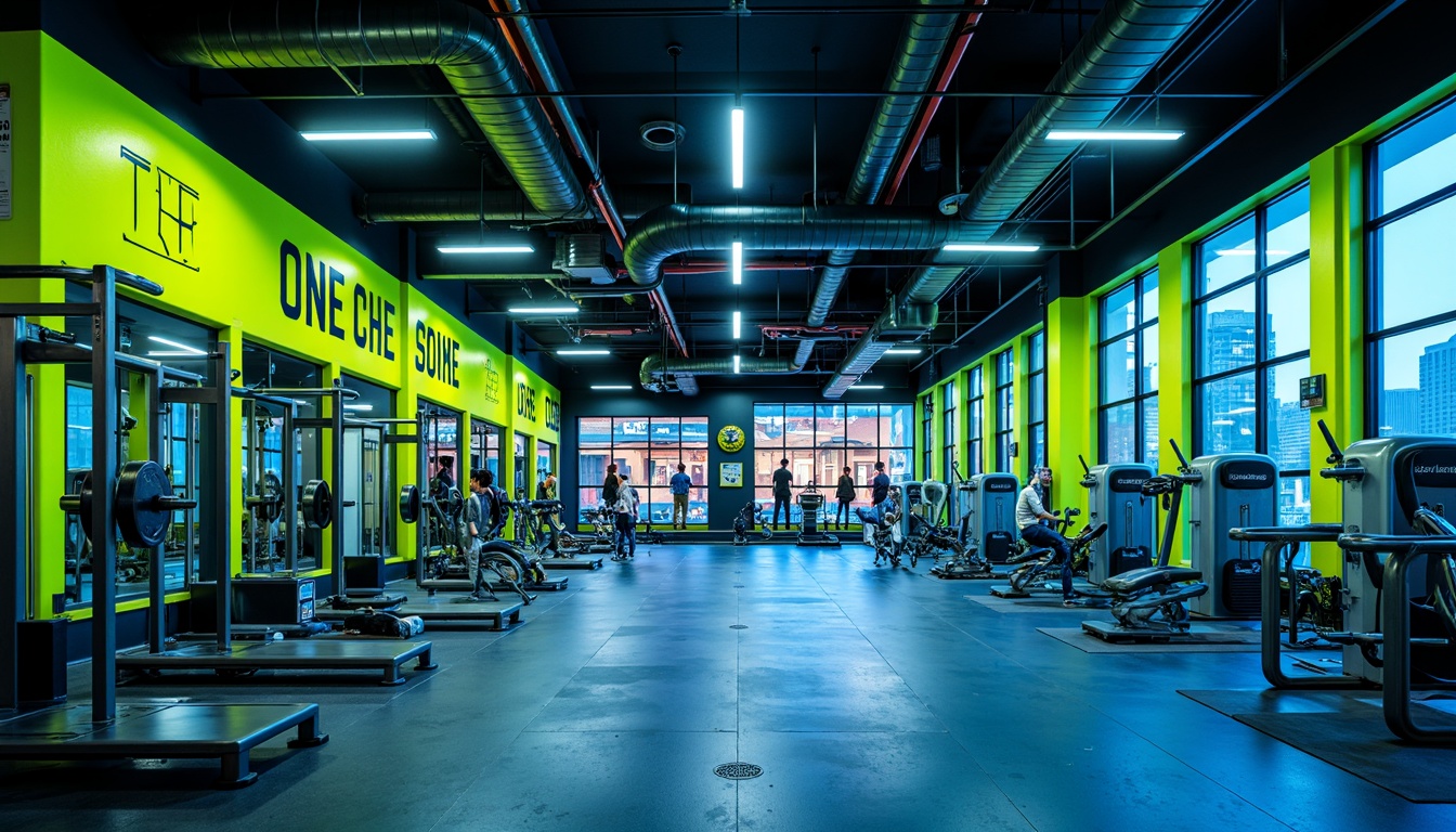 Prompt: Vibrant gym interior, bold color scheme, energetic atmosphere, neon green accents, deep blue tones, metallic silver equipment, industrial concrete floors, exposed ductwork ceilings, modern LED lighting, dynamic shadows, high-contrast textures, abstract geometric patterns, motivational quotes, futuristic architecture, sleek lines, minimalist design, state-of-the-art fitness machines, free weights area, mirrored walls, rubber flooring, athletic tracks, panoramic windows, natural daylight, soft warm glow, shallow depth of field, 3/4 composition.