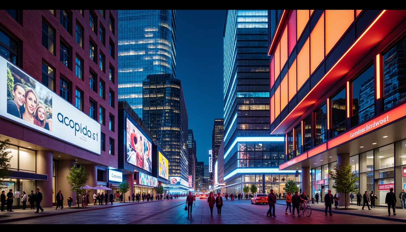 Prompt: Vibrant cityscape, modern skyscrapers, bold color blocking, contrasting hues, neon lights, urban landscape, bustling streets, pedestrian walkways, dynamic architecture, geometric patterns, metallic accents, glass facades, LED installations, futuristic ambiance, high-contrast lighting, dramatic shadows, 1/1 composition, low-angle shot, cinematic mood, realistic reflections.