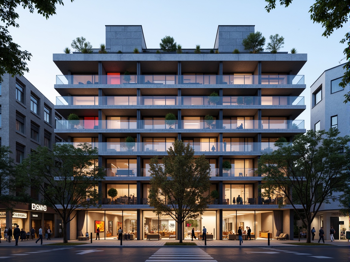 Prompt: Geometric hotel facade, asymmetrical composition, rectangular forms, industrial materials, raw concrete walls, steel beams, minimalist decor, functional simplicity, bold color accents, abstract patterns, grid-like structures, cantilevered balconies, floor-to-ceiling windows, transparent glass railings, urban cityscape, busy streets, modern metropolitan atmosphere, warm evening lighting, shallow depth of field, 2/3 composition, realistic textures, ambient occlusion.