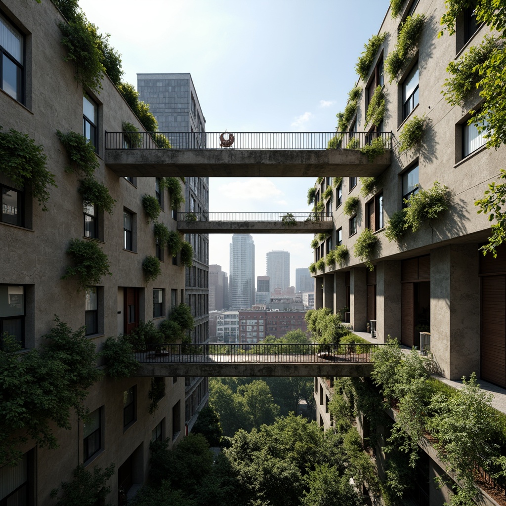 Prompt: Rugged brutalist buildings, raw concrete textures, fortress-like structures, overgrown vegetation, wildflowers, moss-covered walls, weathered steel beams, industrial materials, urban landscape integration, cityscape views, elevated walkways, cantilevered sections, dramatic shadows, harsh natural light, 1/1 composition, symmetrical framing, high-contrast lighting, gritty realistic textures, ambient occlusion.