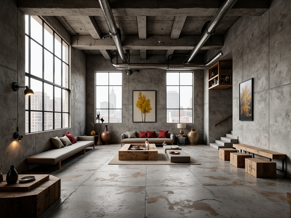 Prompt: Exposed concrete walls, rugged stone floors, industrial metal beams, raw wooden accents, minimalist decor, brutalist architectural style, urban loft atmosphere, high ceilings, large windows, natural light, cityscape views, functional simplicity, monochromatic color scheme, distressed textures, rough-hewn wood furniture, steel lighting fixtures, industrial-style pipes, concrete columns, brutalist-inspired sculptures, abstract artwork, moody ambient lighting, shallow depth of field, 2/3 composition, cinematic framing.