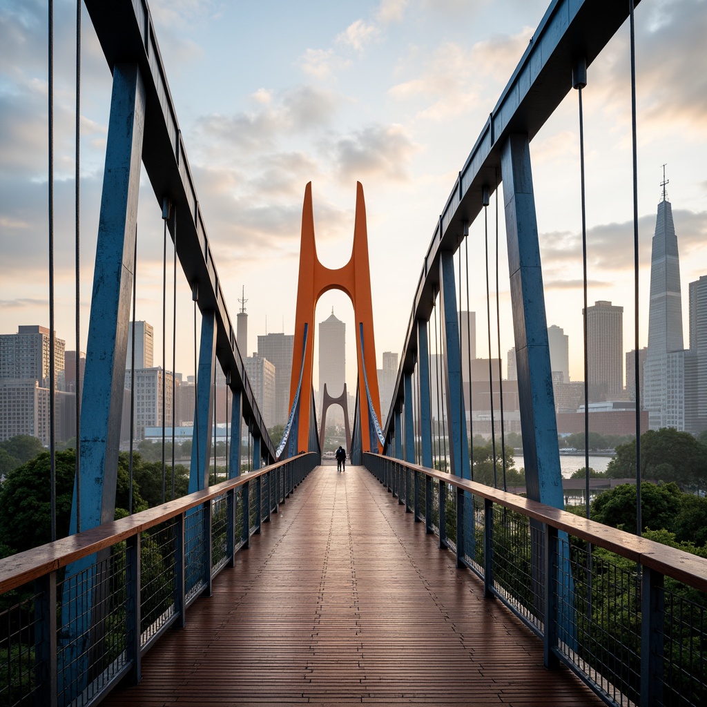 Prompt: Vibrant fusion architecture, curved bridge structures, steel beams, suspension cables, modern urban landscape, city skyline, misty morning atmosphere, soft warm lighting, shallow depth of field, 3/4 composition, panoramic view, realistic textures, ambient occlusion, bold color palette, bright blue accents, deep orange hues, metallic silver tones, rich brown wood textures, sleek glass railings, intricate metal latticework.