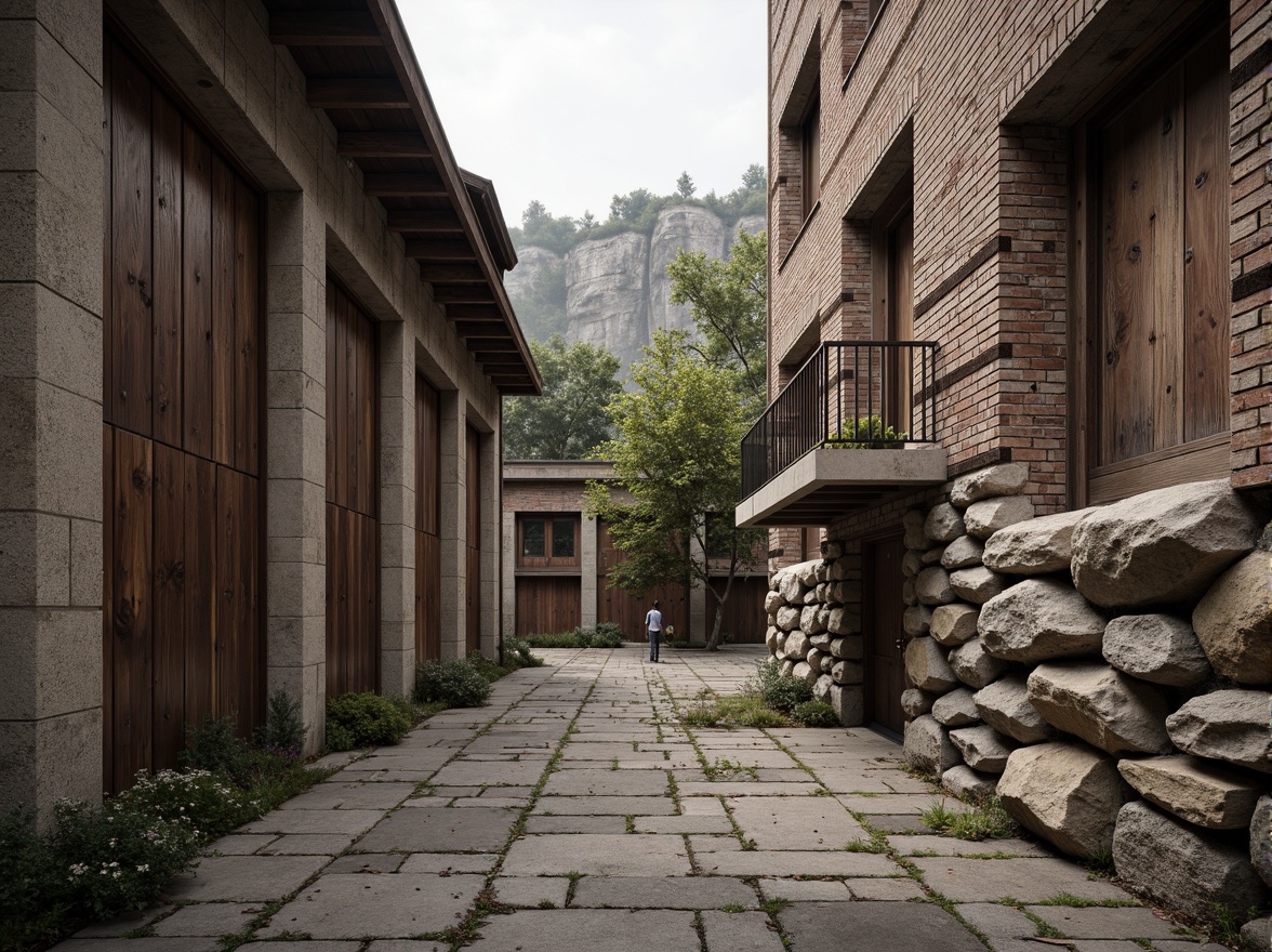 Prompt: Rustic stone walls, weathered wooden planks, rough-hewn concrete columns, tactile brick facades, ornate metalwork, intricate stonework patterns, natural rock formations, earthy tones, organic shapes, brutalist architecture, industrial chic aesthetic, urban landscape, overcast sky, dramatic shadows, high-contrast lighting, 1/2 composition, atmospheric perspective, realistic material rendering.