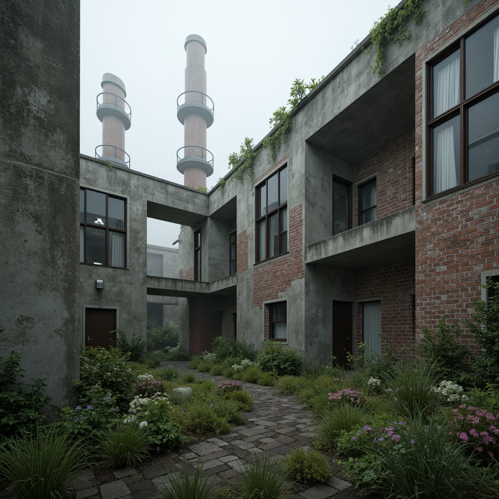 Prompt: Rugged brutalist architecture, raw concrete textures, fortress-like structures, overgrown vegetation, wildflowers, moss-covered walls, industrial landscapes, abandoned factories, crumbling brick facades, distressed metal accents, urban decay, post-apocalyptic atmosphere, dramatic lighting, low-angle shots, cinematic composition, gritty realistic renderings, atmospheric fog effects, misty mornings, eerie silence.