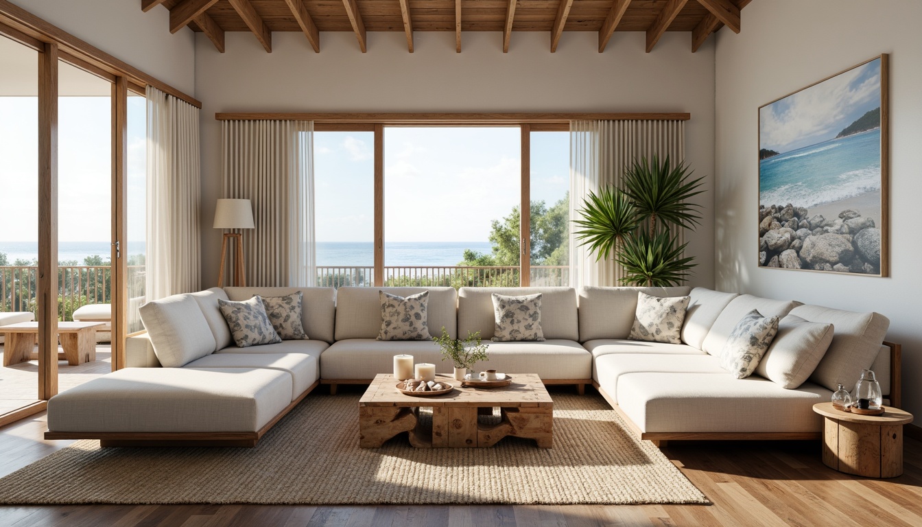 Prompt: Coastal living room, ocean-inspired color palette, driftwood accents, natural textiles, woven sea grass rugs, shell-adorned decorative pieces, floor-to-ceiling windows, sliding glass doors, beachy vibe, soft warm lighting, 1/1 composition, shallow depth of field, realistic wood textures, ambient occlusion, modern minimalist furniture, plush sectional sofas, reclaimed wood coffee tables, nautical-themed artwork, coral-patterned throw pillows, sea salt-scented candles, calming atmosphere.