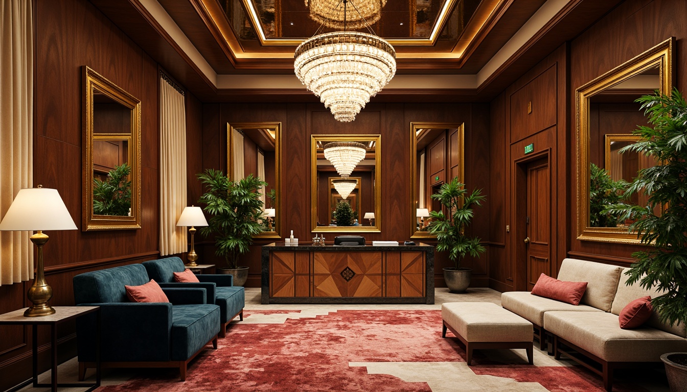 Prompt: Luxurious office interior, Art Deco style, metallic accents, geometric patterns, bold color schemes, high-gloss finishes, polished chrome fixtures, rich wood tones, marble countertops, ornate mirrors, statement lighting fixtures, luxurious textiles, velvet upholstery, geometric-shaped furniture, metallic leafing, opulent chandeliers, dramatic drapery, lavish rugs, sophisticated ambiance, warm golden lighting, shallow depth of field, 1/1 composition, realistic textures, ambient occlusion.