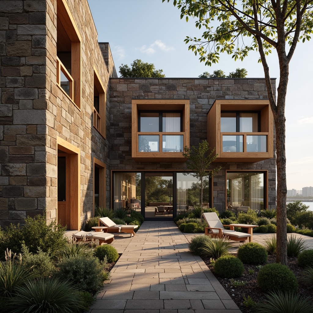 Prompt: Rough stone walls, rustic brick facades, wooden accents, natural wood grain, earthy tones, organic forms, irregular shapes, tactile experiences, 3D modeling, realistic renderings, ambient occlusion, soft warm lighting, shallow depth of field, 2/3 composition, modern architecture, sustainable design, eco-friendly materials, green roofs, living walls, urban landscapes, city skylines, industrial heritage, converted warehouses.