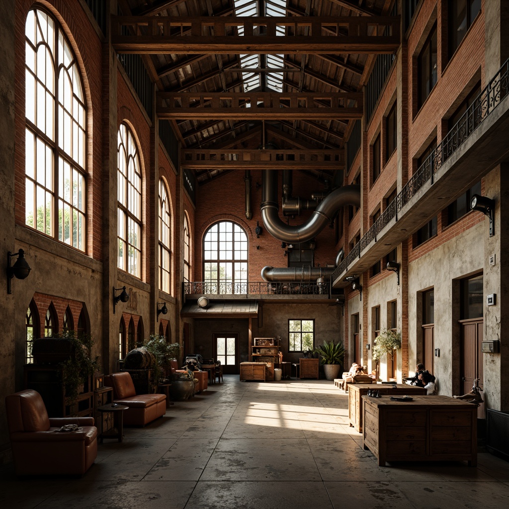 Prompt: Rustic industrial factory, Romanesque fa\u00e7ade, arched windows, ornate stone carvings, distressed brick walls, metal cladding, corrugated roofing, vintage machinery, exposed ductwork, reclaimed wood accents, earthy color palette, warm golden lighting, dramatic shadows, 1/2 composition, low-angle shot, cinematic atmosphere, realistic weathering effects.