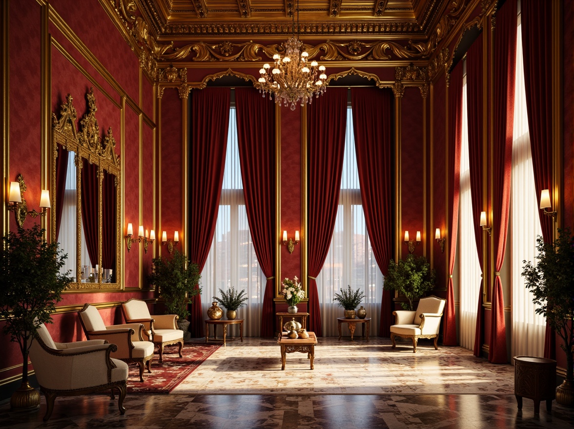 Prompt: Opulent palace interior, rich velvet drapes, gilded ornate mirrors, intricate marble flooring, lavish chandeliers, warm golden lighting, soft focus, shallow depth of field, 1/1 composition, dramatic shadows, luxurious fabrics, jewel-toned accents, regal crimson reds, majestic blues, ornate gold leafing, subtle texture overlays, realistic reflections.