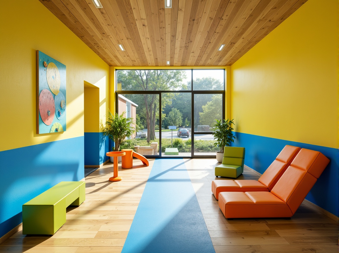 Prompt: Vibrant kindergarten, modernist architecture, bold color blocking, bright yellow walls, sky blue accents, lime green furniture, orange playground equipment, geometric shapes, minimalist decor, natural wood textures, large windows, sliding glass doors, abundant natural light, soft warm lighting, shallow depth of field, 3/4 composition, panoramic view, realistic textures, ambient occlusion.