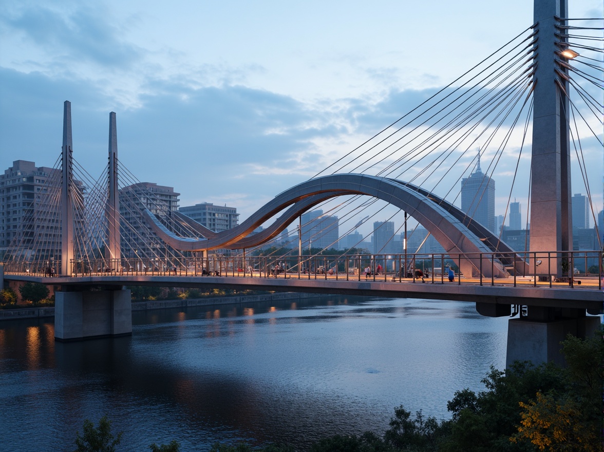 Prompt: Futuristic bridge, sleek metal arches, suspension cables, modern fusion architecture, dynamic curves, angular lines, vibrant LED lighting, urban cityscape, misty morning atmosphere, shallow depth of field, 1/2 composition, realistic reflections, ambient occlusion, intricate structural details, steel beams, reinforced concrete pillars, cantilevered sections, pedestrian walkways, vehicle traffic lanes, water flow simulations, rippling water effects, surrounding skyscrapers, bustling city life.