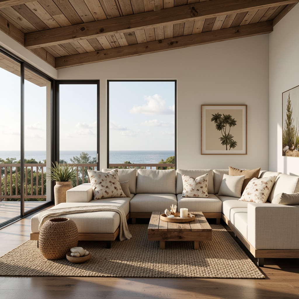 Prompt: Coastal living room, ocean-inspired color palette, driftwood accents, natural textiles, woven sea grass rugs, shell-adorned decorative pieces, floor-to-ceiling windows, sliding glass doors, beachy vibe, soft warm lighting, 1/1 composition, shallow depth of field, realistic wood textures, ambient occlusion, modern minimalist furniture, plush sectional sofas, reclaimed wood coffee tables, nautical-themed artwork, coral-patterned throw pillows, sea salt-scented candles, calming atmosphere.