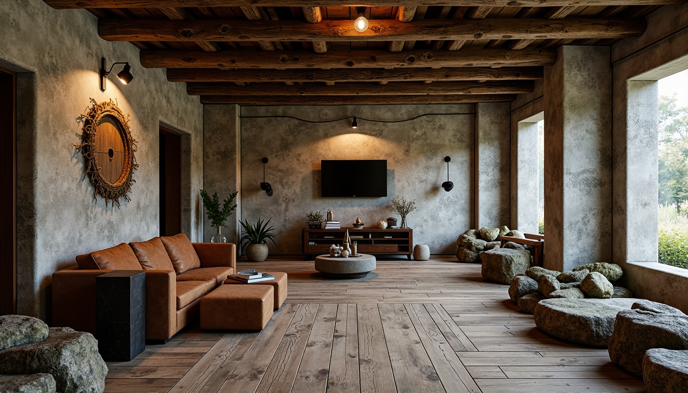 Prompt: Rustic wooden planks, distressed finishes, earthy tones, natural stone walls, rough-hewn boulders, moss-covered rocks, weathered metal accents, vintage industrial pipes, reclaimed wood furniture, worn leather upholstery, soft warm lighting, shallow depth of field, 3/4 composition, panoramic view, realistic textures, ambient occlusion.