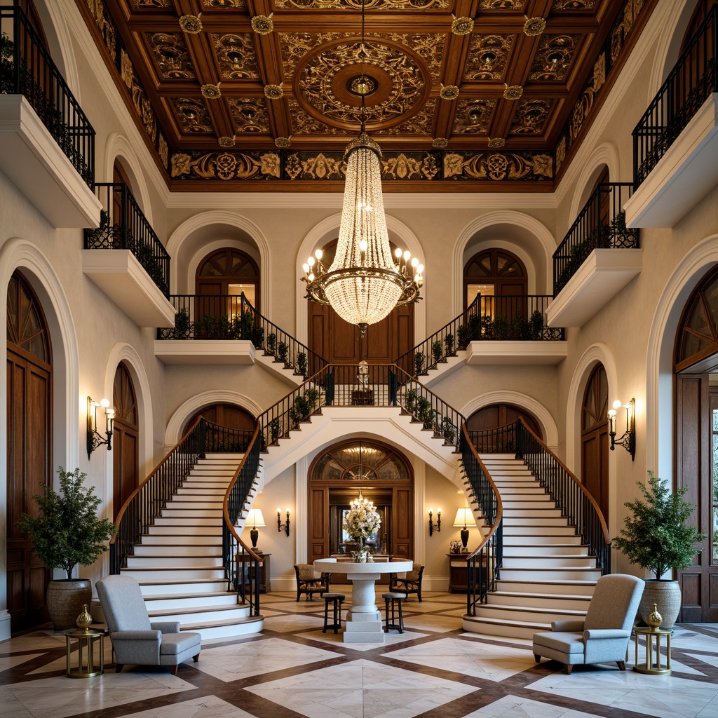 Prompt: Luxurious villa, symmetrical facade, ornate metalwork, geometric patterns, lavish decorations, opulent furnishings, grand staircase, crystal chandeliers, marble floors, intricate moldings, bold color schemes, metallic accents, luxurious textiles, refined lines, balanced composition, central axis, radial symmetry, harmonious proportions, elegant curves, sophisticated ambiance, warm golden lighting, shallow depth of field, 1/1 composition, realistic reflections.