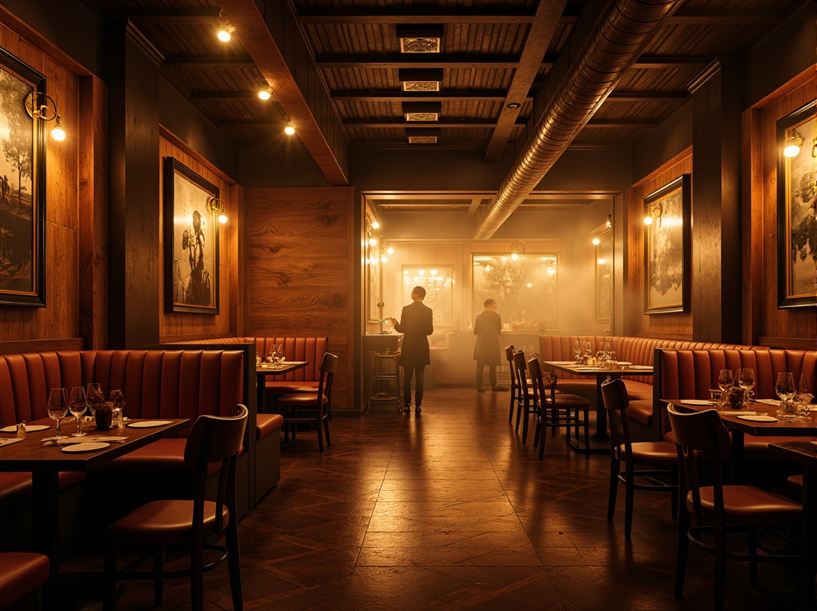 Prompt: Moody restaurant interior, warm golden lighting, soft shadows, rich wood tones, ornate metal fixtures, vintage decorative elements, eclectic artwork, bold color accents, luxurious fabrics, plush furnishings, intimate seating areas, dramatic ceiling heights, atmospheric misting, warm candlelight, subtle LED highlights, cinematic composition, low-key illumination, mysterious ambiance.