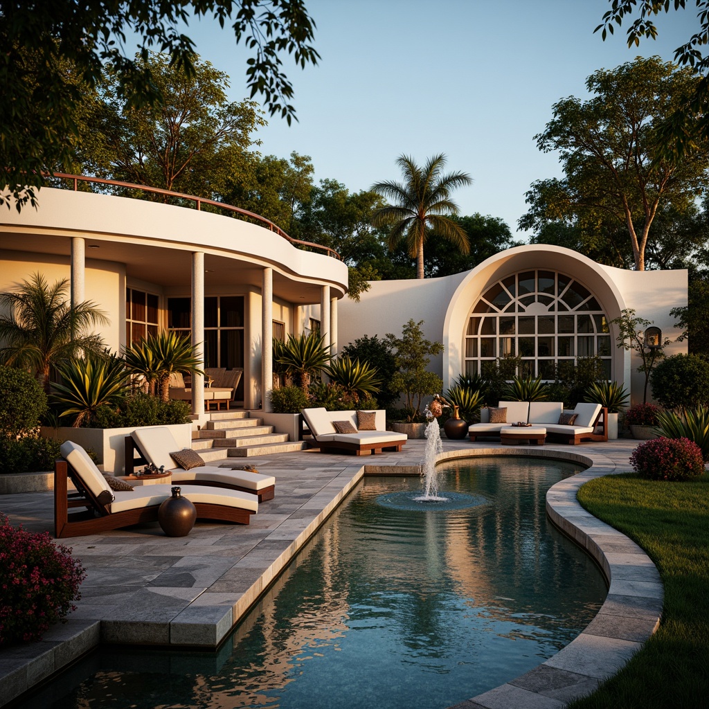 Prompt: Luxurious villa, Art Deco style, ornate metalwork, curved lines, geometric patterns, lavish furnishings, plush outdoor seating, vibrant tropical plants, exotic flowers, tranquil water features, sparkling fountains, warm golden lighting, soft evening ambiance, shallow depth of field, 1/1 composition, symmetrical framing, realistic textures, ambient occlusion.