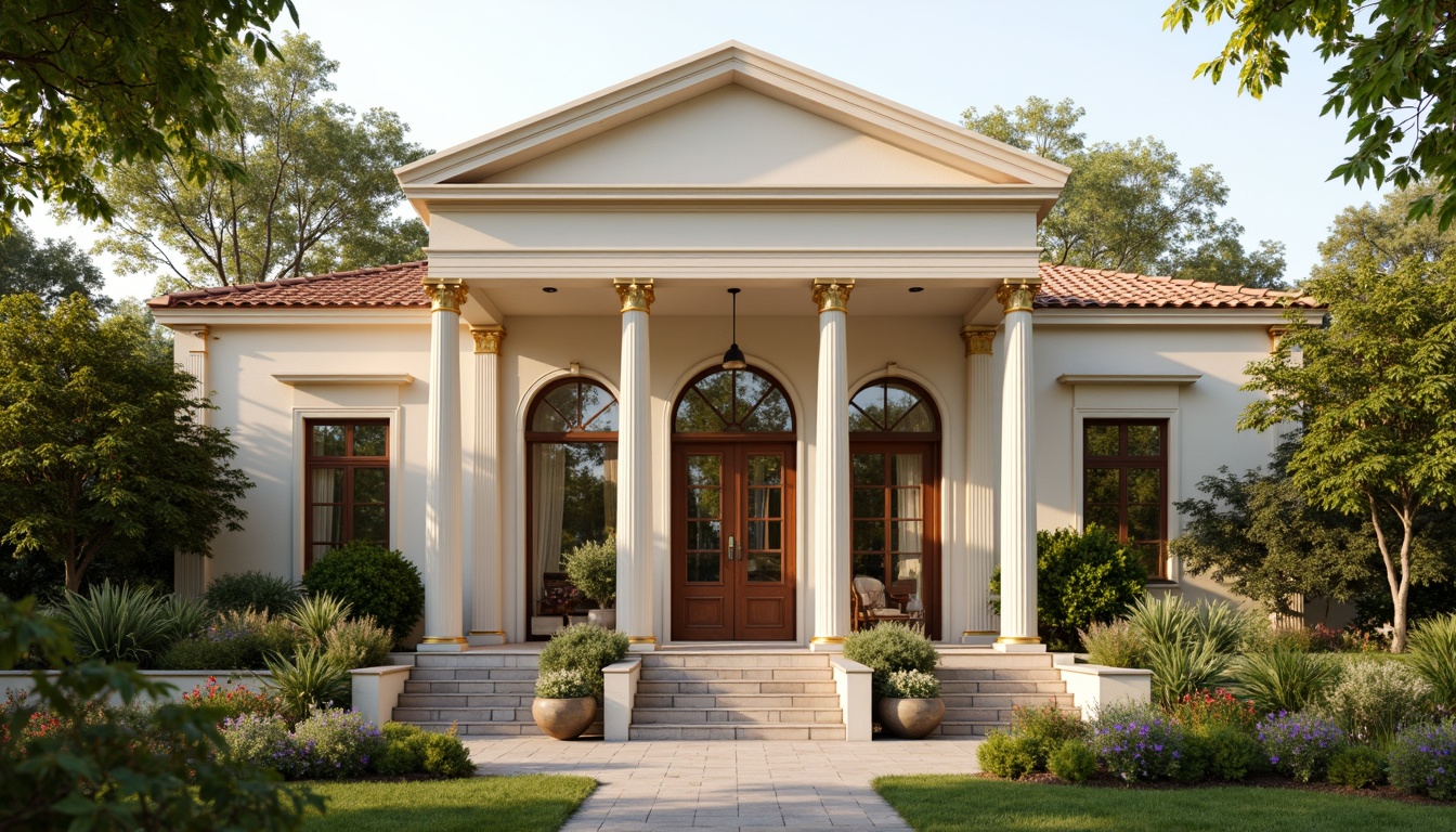 Prompt: Elegant classicism style house, soft cream facade, warm beige columns, ornate golden details, rich brown wooden doors, subtle terracotta roof tiles, lush greenery surroundings, vibrant blooming flowers, serene natural ambiance, warm sunny day, soft diffused lighting, shallow depth of field, 3/4 composition, realistic textures, ambient occlusion.