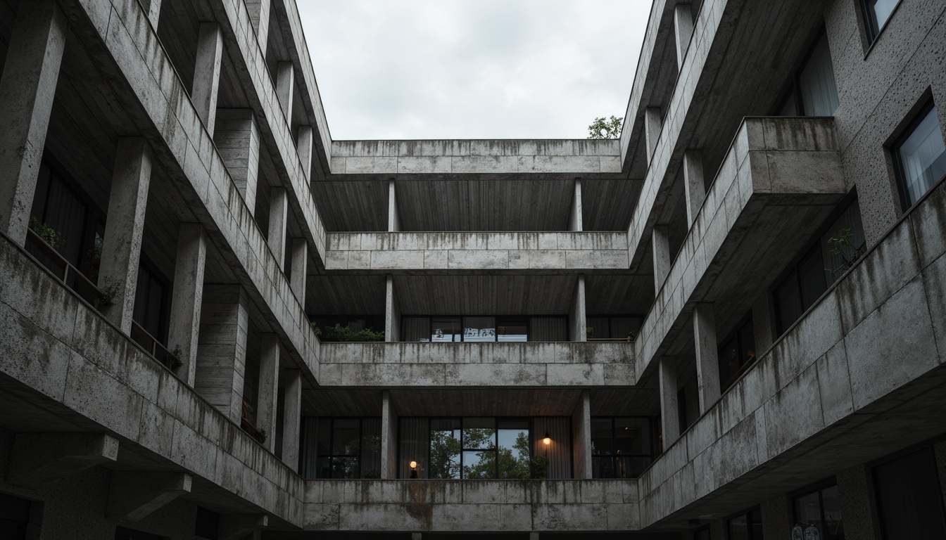 Prompt: Exposed concrete walls, rugged textures, industrial pipes, raw steel beams, minimalist balconies, brutalist architecture, urban cityscape, gloomy overcast sky, dramatic shadows, high-contrast lighting, bold geometric forms, functional simplicity, distressed finishes, poured-in-place concrete, cold monochromatic color palette, 1/1 composition, low-angle shot, cinematic atmosphere, gritty realistic textures.