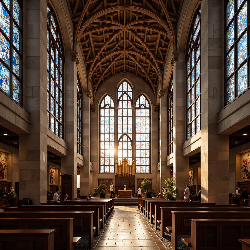 Prompt: Intricate stained glass windows, symmetrical arches, ornate vaulted ceilings, grandiose pipe organs, minimalist pews, sacred altars, geometric patterns, constructivist architecture, brutalist concrete structures, abstract sculptures, vibrant colorful mosaics, dramatic lighting effects, high contrast shadows, 1/1 composition, low-angle shot, warm golden hour lighting, realistic textures, ambient occlusion.