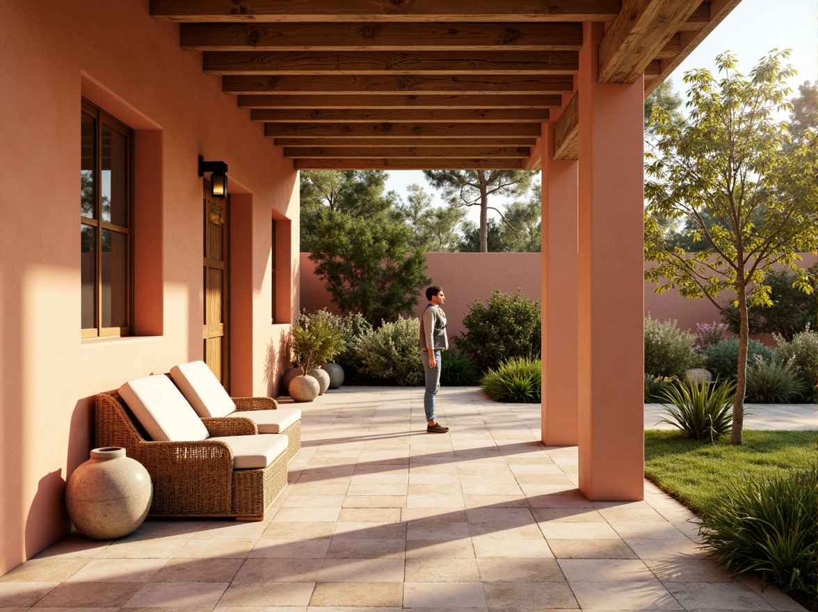 Prompt: Warm apricot hues, soft peach undertones, creamy beige accents, rustic terracotta walls, natural stone flooring, earthy ceramic vases, woven rattan furniture, lush greenery, blooming flowers, sunny afternoon, warm golden lighting, shallow depth of field, 3/4 composition, panoramic view, realistic textures, ambient occlusion.