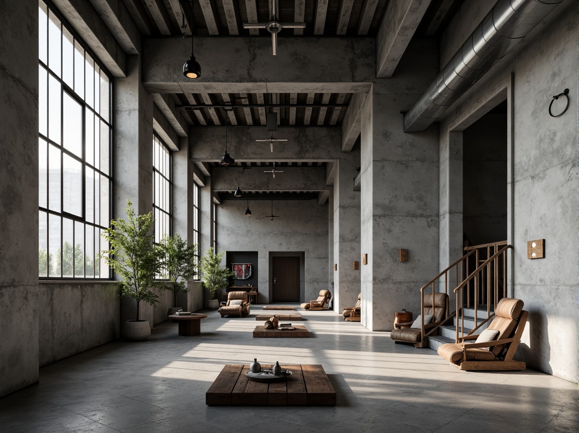 Prompt: Raw concrete walls, rugged textures, brutalist architecture, urban apartment building, industrial chic aesthetic, minimalist decor, functional simplicity, exposed ductwork, steel beams, industrial-style lighting, metal railings, raw wood accents, monochromatic color scheme, dramatic shadows, high-contrast lighting, cinematic composition, 1/2 camera angle, gritty realistic textures, ambient occlusion.