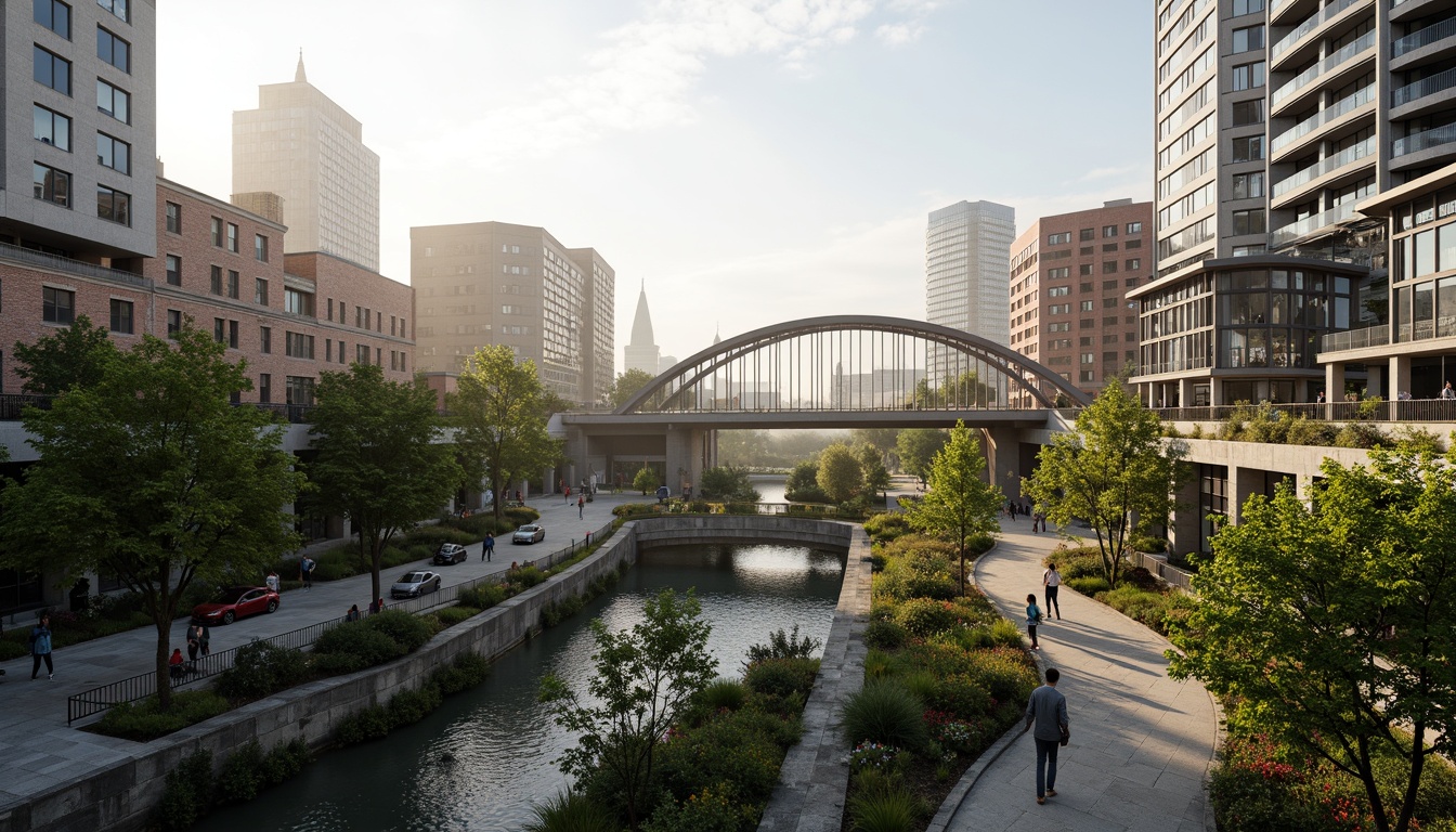 Prompt: Curved bridge silhouette, lush greenery integration, natural stone foundations, steel arches, suspension cables, urban cityscape, misty morning atmosphere, soft warm lighting, shallow depth of field, 3/4 composition, panoramic view, realistic textures, ambient occlusion, fusion architecture style, modern minimalist design, sleek metal railings, glass pedestrian walkways, vibrant colorful street art, intricate geometric patterns, water features, reflection pools, urban furniture, dynamic city life.