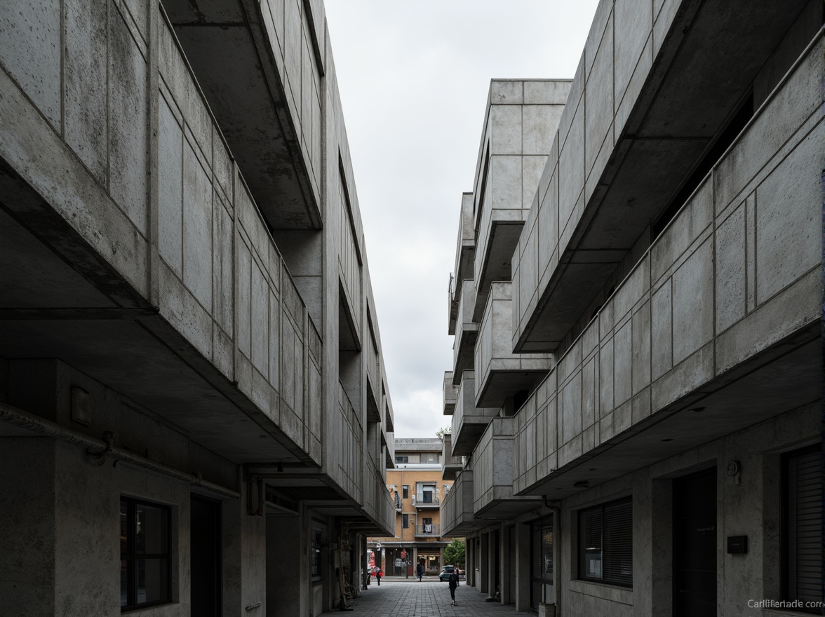 Prompt: Exposed concrete walls, rugged textures, industrial pipes, raw steel beams, minimalist balconies, brutalist architecture, urban cityscape, gloomy overcast sky, dramatic shadows, high-contrast lighting, bold geometric forms, functional simplicity, distressed finishes, poured-in-place concrete, cold monochromatic color palette, 1/1 composition, low-angle shot, cinematic atmosphere, gritty realistic textures.