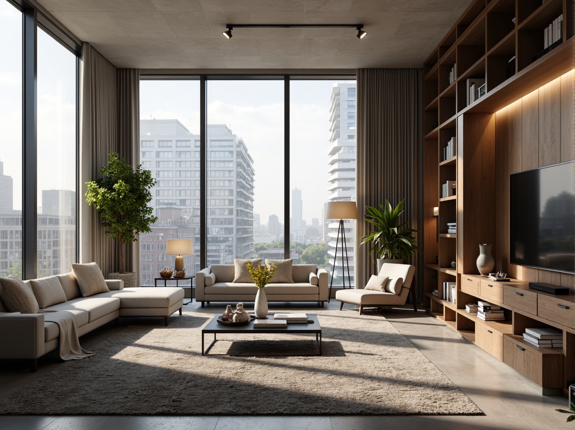 Prompt: Modern living room, sleek minimalist furniture, neutral color palette, textured rugs, floor-to-ceiling windows, natural light pouring in, urban cityscape views, cozy reading nook, built-in shelving units, geometric patterned wallpaper, ambient warm lighting, 1/1 composition, shallow depth of field, realistic textures, soft focus blur.