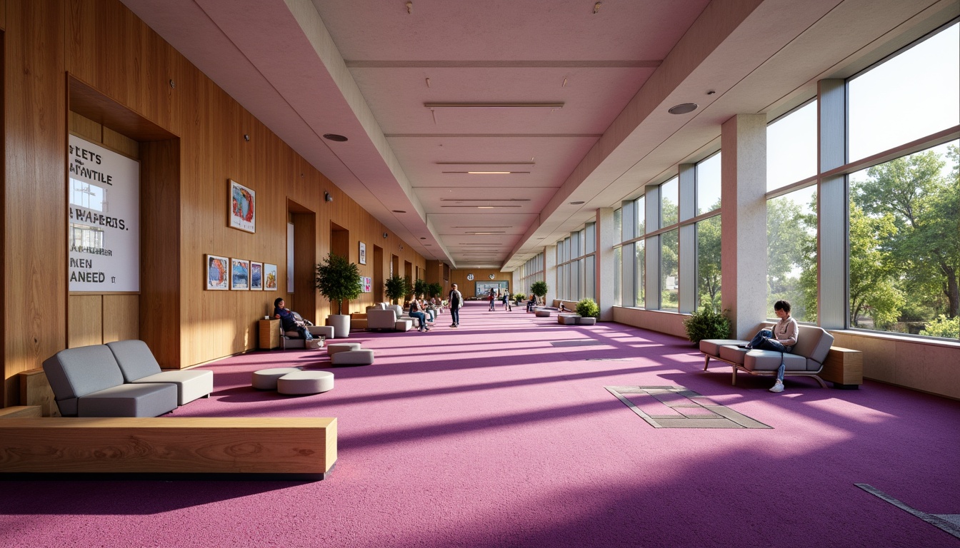 Prompt: Mauve-hued educational institution, vibrant corridors, rich wood accents, plush mauve carpets, softbox lighting, comfortable seating areas, inspirational quotes, modern minimalist furniture, sleek metal frames, geometric patterns, warm beige walls, natural stone floors, abundant greenery, lush plants, creative art displays, collaborative workspaces, flexible learning environments, panoramic views, shallow depth of field, 3/4 composition, realistic textures, ambient occlusion.