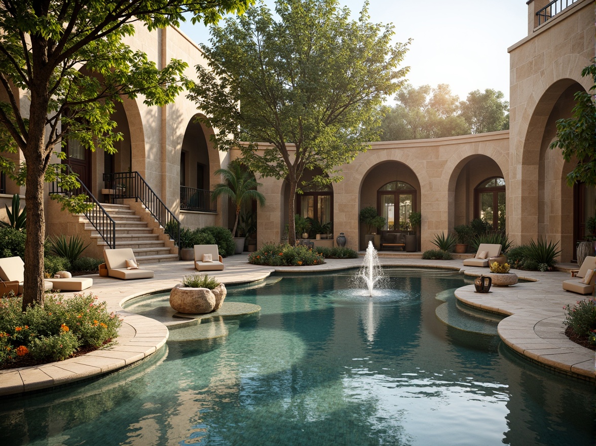 Prompt: Ancient Roman-inspired pool, natural stone coping, ornate fountains, lush greenery, vibrant flowers, Mediterranean plants, rustic wooden decking, warm beige stonework, curved archways, grand staircases, elegant lanterns, soft warm lighting, shallow depth of field, 3/4 composition, panoramic view, realistic textures, ambient occlusion.