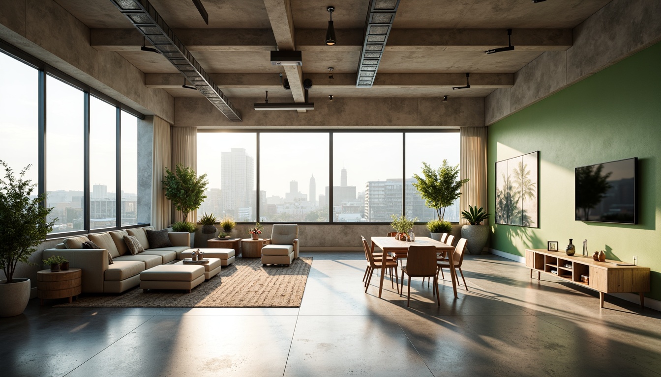 Prompt: Minimalist interior design, open floor plans, high ceilings, large windows, natural light pouring in, airy atmosphere, sleek modern furniture, polished concrete floors, industrial chic decor, urban loft ambiance, exposed ductwork, reclaimed wood accents, green walls, living plants, spacious balconies, cityscape views, warm sunny days, soft diffused lighting, shallow depth of field, 3/4 composition, panoramic view, realistic textures, ambient occlusion.