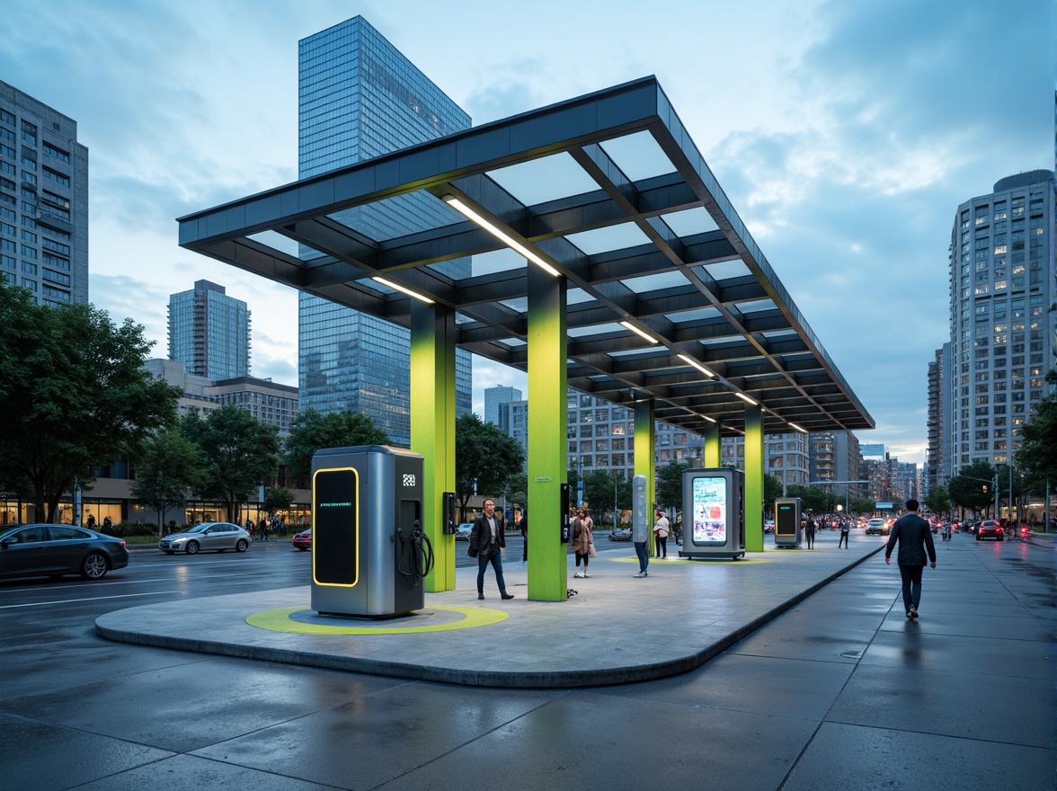 Prompt: Modern charging station, sleek metal framework, durable polycarbonate roofs, energy-efficient LED lighting, futuristic digital displays, minimalist concrete floors, stainless steel pillars, eco-friendly recycled plastic walls, vibrant green accents, urban cityscape background, busy street traffic, cloudy blue sky, shallow depth of field, 1/1 composition, realistic metallic textures, ambient occlusion.