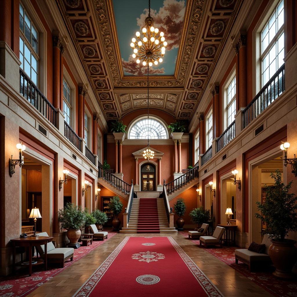 Prompt: Grandiose high school building, symmetrical facade, ornate Baroque details, intricate stone carvings, majestic entrance, sweeping staircases, opulent chandeliers, lavish furnishings, rich wood tones, regal red carpeting, imposing columns, arches, and domes, vibrant fresco ceilings, dramatic lighting effects, shallow depth of field, 1/1 composition, central axis symmetry, ornate mirrors, gilded frames, luxurious textiles, antique furniture pieces.