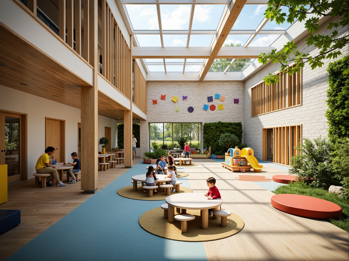 Prompt: Vibrant kindergarten playground, modernist architecture, large windows, clerestory windows, skylights, transparent roofs, natural stone walls, wooden accents, minimalist decor, open floor plan, collaborative learning spaces, circular tables, colorful chairs, educational murals, greenery installations, living walls, soft warm lighting, shallow depth of field, 1/1 composition, panoramic view, realistic textures, ambient occlusion.