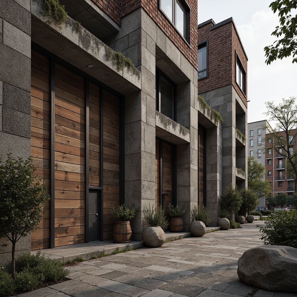 Prompt: Rustic stone walls, weathered wooden planks, rough-hewn concrete columns, tactile brick facades, ornate metalwork, intricate stonework patterns, natural rock formations, earthy tones, organic shapes, brutalist architecture, industrial chic aesthetic, urban landscape, overcast sky, dramatic shadows, high-contrast lighting, 1/2 composition, atmospheric perspective, realistic material rendering.