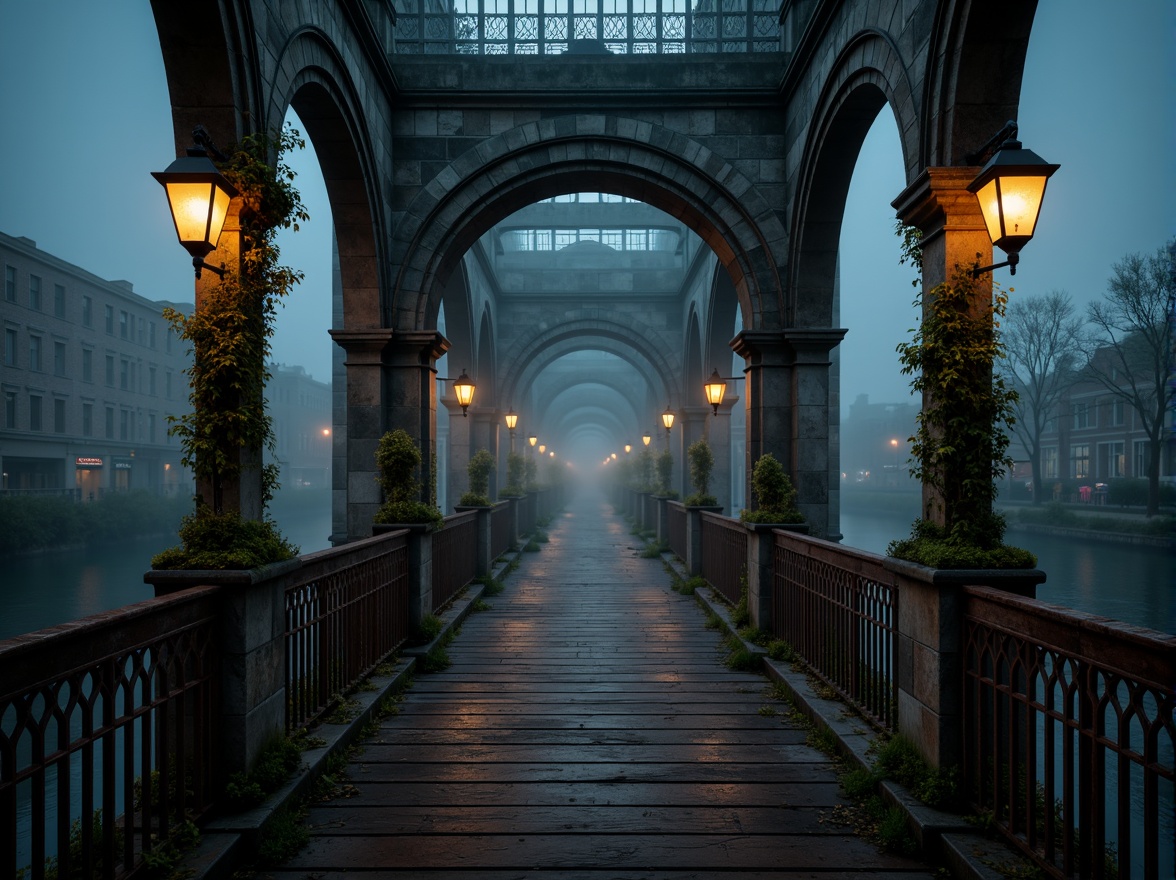 Prompt: Mysterious gothic bridge, dark stone arches, ornate ironwork, misty foggy atmosphere, dimly lit lanterns, weathered wooden planks, rusty metal railings, eerie twilight shadows, moss-covered stonework, ancient ivy vines, mysterious river waters, subtle gradient lighting, cinematic composition, atmospheric depth of field, warm muted colors, rich earth tones, deep blues and purples.