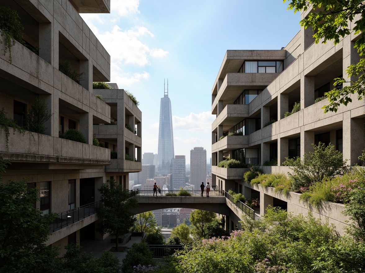 Prompt: Rugged brutalist buildings, raw concrete textures, fortress-like structures, overgrown vegetation, wildflowers, moss-covered walls, weathered steel beams, industrial materials, urban landscape integration, cityscape views, elevated walkways, cantilevered sections, dramatic shadows, harsh natural light, 1/1 composition, symmetrical framing, high-contrast colors, gritty realistic textures, ambient occlusion.