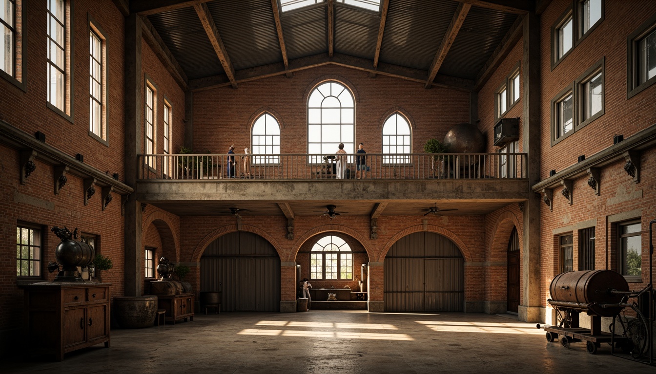 Prompt: Rustic industrial factory, Romanesque fa\u00e7ade, arched windows, ornate stone carvings, distressed brick walls, metal cladding, corrugated roofing, vintage machinery, exposed ductwork, reclaimed wood accents, earthy color palette, warm golden lighting, dramatic shadows, 1/2 composition, low-angle shot, cinematic atmosphere, realistic weathering effects.