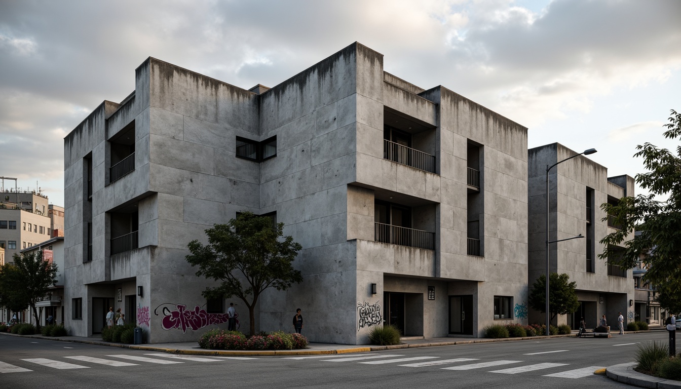 Prompt: Rugged community center, brutalist architecture, raw concrete walls, fortress-like structure, angular lines, geometric shapes, industrial materials, metal beams, exposed ductwork, urban landscape, city streets, graffiti art, street lamps, cloudy sky, dramatic lighting, high contrast, 1/1 composition, symmetrical framing, gritty textures, ambient occlusion.