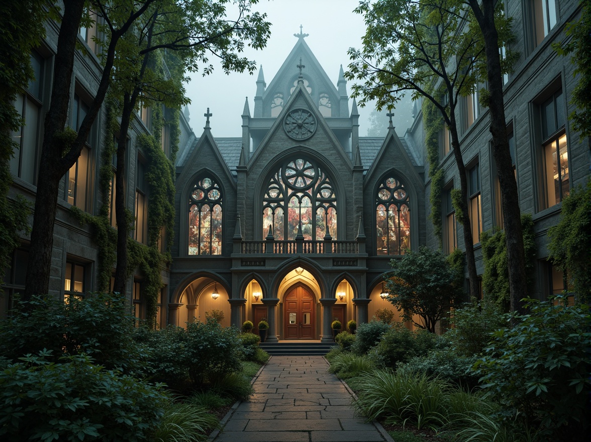 Prompt: Mysterious Gothic cathedral, intricate stone carvings, stained glass windows, grandiose entrance, lush greenery, overgrown vines, moss-covered walls, ancient trees, misty atmosphere, soft warm lighting, dramatic shadows, 3/4 composition, symmetrical framing, ornate details, mystical ambiance, eerie silence, foggy morning, subtle color palette, weathered stone textures, ambient occlusion.