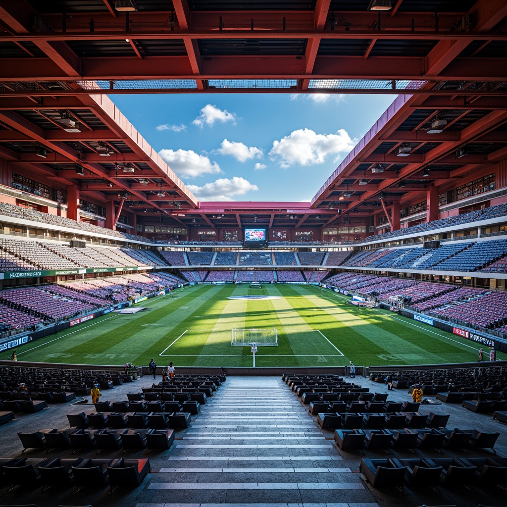 Prompt: Dynamic football stadium interior, constructivist architecture, bold geometric shapes, industrial metal beams, exposed ductwork, vibrant team colors, abstract patterns, futuristic LED lighting, sleek minimalist seating, polished concrete floors, angular staircases, cantilevered balconies, dramatic overhead views, high-contrast shadows, 1/1 composition, cinematic atmosphere, realistic reflections, ambient occlusion.