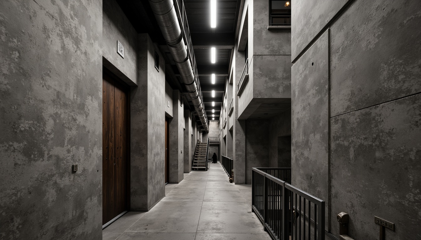 Prompt: Raw concrete walls, rugged textures, brutalist architecture, urban apartment building, industrial chic aesthetic, minimalist decor, functional simplicity, exposed ductwork, steel beams, industrial-style lighting, metal railings, raw wood accents, monochromatic color scheme, dramatic shadows, high-contrast lighting, cinematic composition, 1/2 camera angle, gritty realistic textures, ambient occlusion.