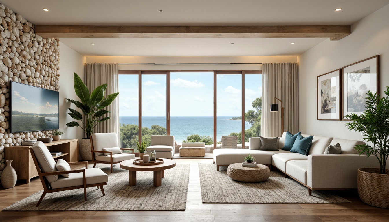 Prompt: Coastal living room, ocean-inspired color palette, driftwood accents, natural textiles, woven sea grass furniture, coral-patterned rugs, shell-adorned decorative walls, floor-to-ceiling windows, sliding glass doors, panoramic ocean views, soft warm lighting, beachy ambiance, minimalist decor, nautical-themed accessories, distressed wood flooring, plush sectional sofas, built-in shelving units, tropical plants, calming atmosphere, 1/1 composition, realistic reflections, ambient occlusion.