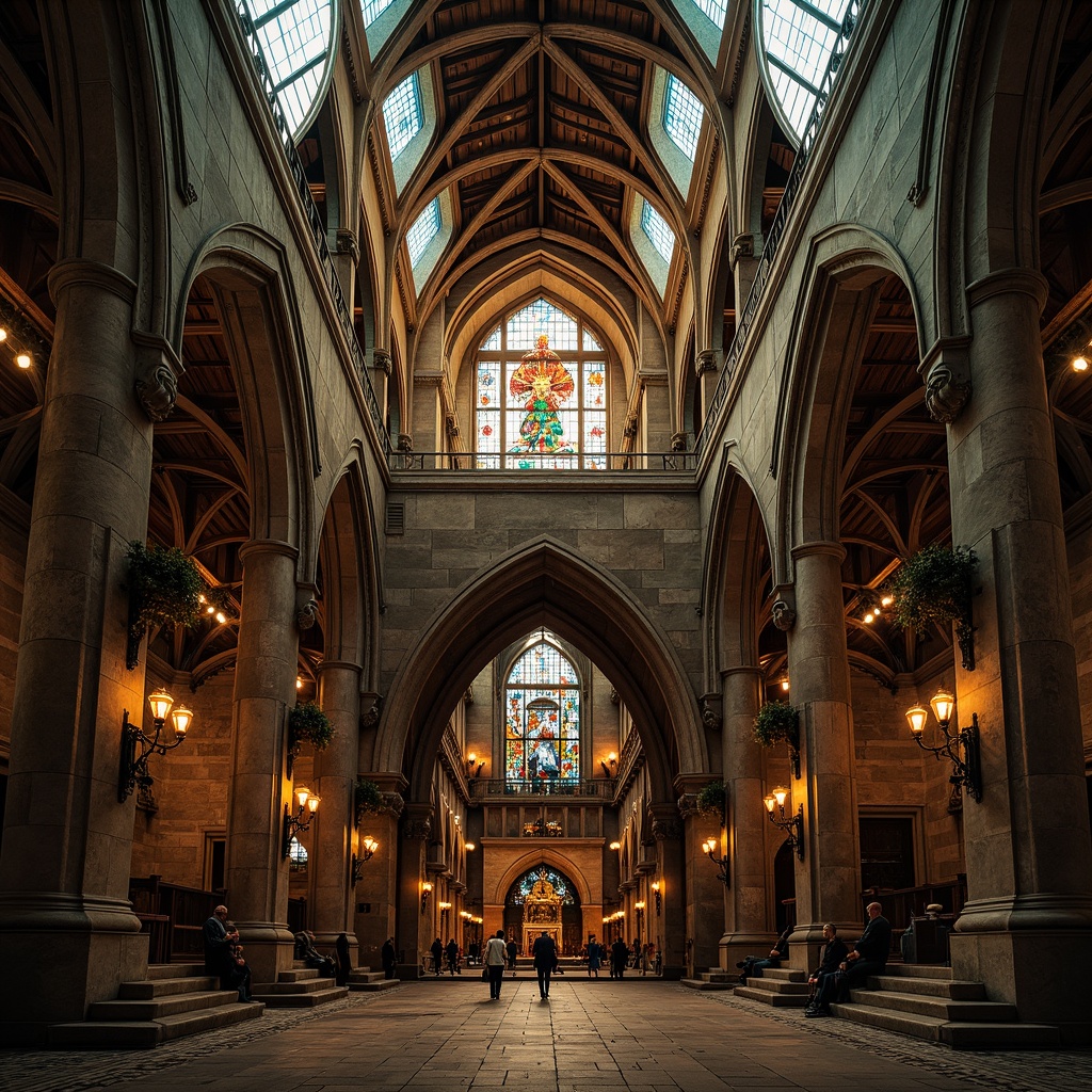 Prompt: Gothic church facade, asymmetrical composition, fragmented forms, abstract geometries, bold color contrasts, textured stone walls, stained glass windows, intricate metalwork, ornate doorways, dramatic arches, pointed spires, mystical ambiance, warm golden lighting, high-contrast shadows, 1/2 composition, low-angle shot, cinematic atmosphere, detailed textures, ambient occlusion.